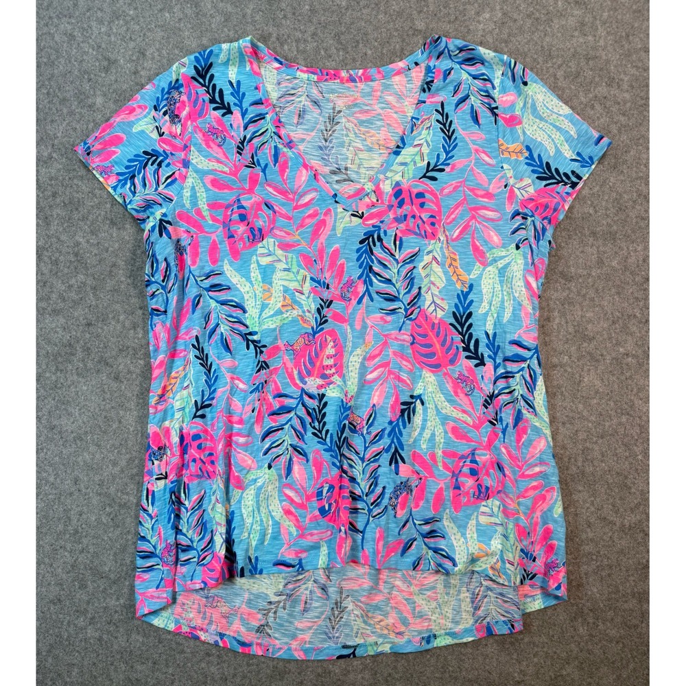 Lilly Pulitzer Blue Pink Tropical V-Neck Short Sleeve Tee